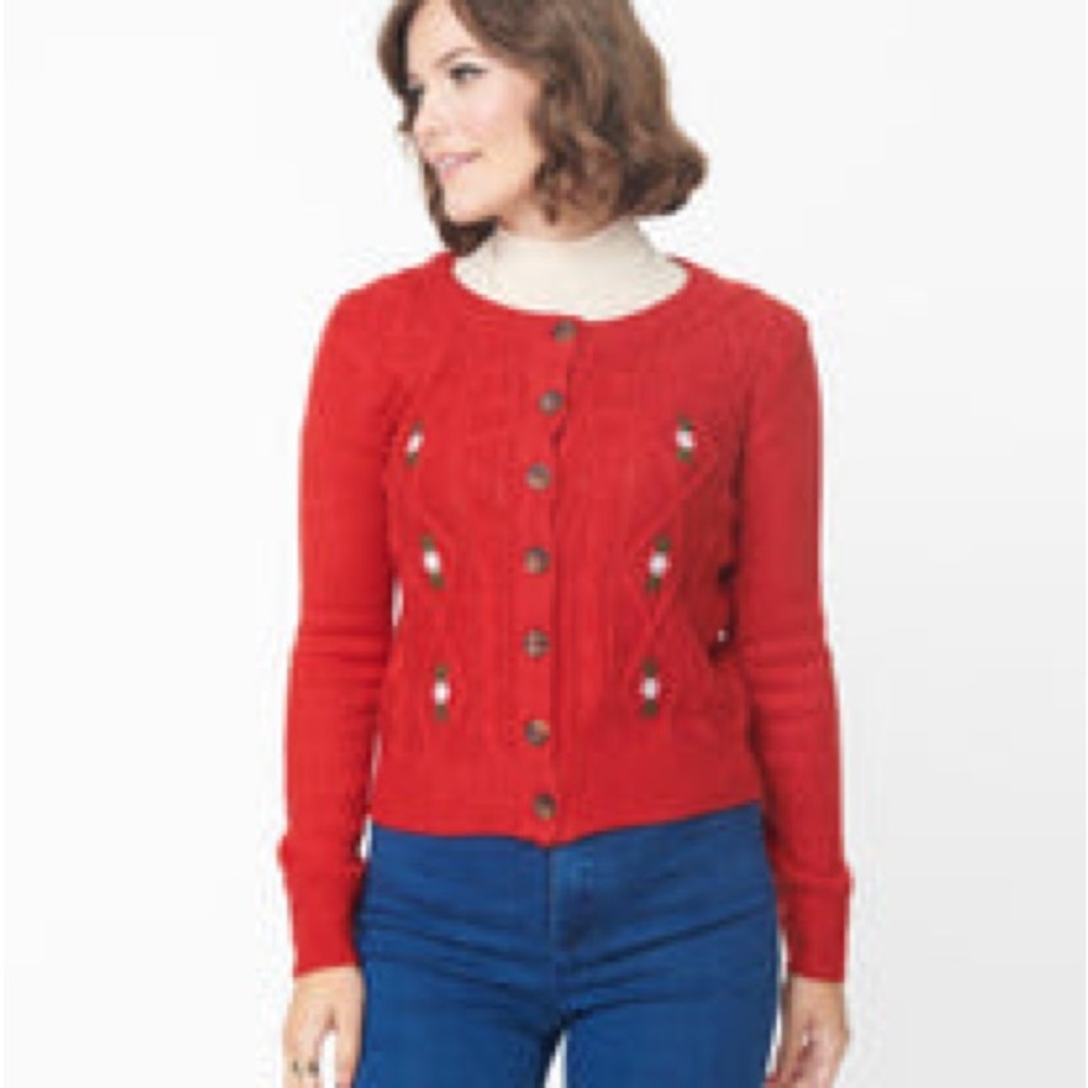 Timeless London vintage style Red Cable Knit Cardigan Sweater